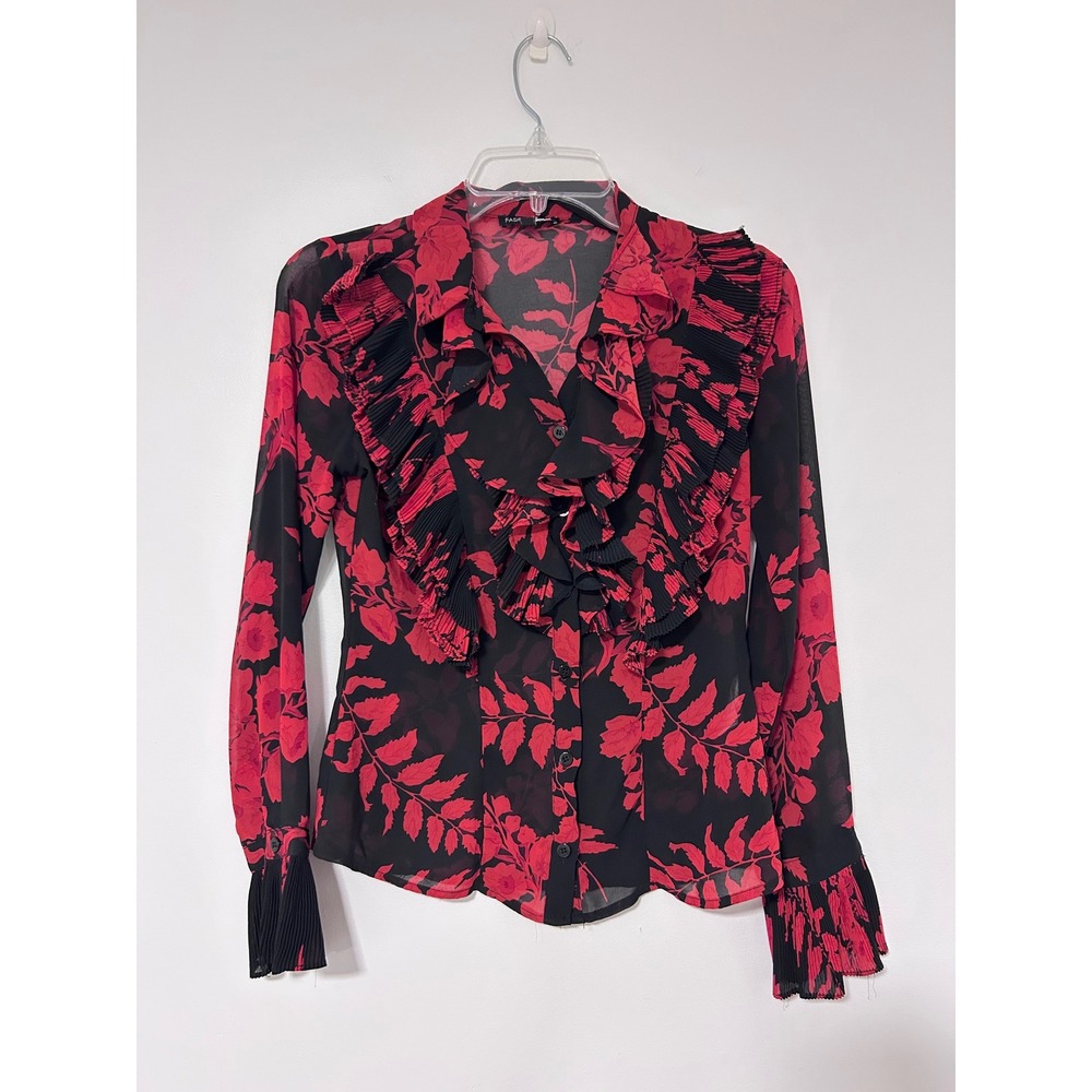 Y2K WITCHY Whimsigoth Fashion Nova Red Floral Sheerโ Ruffle Blouse Bell Cuff XS